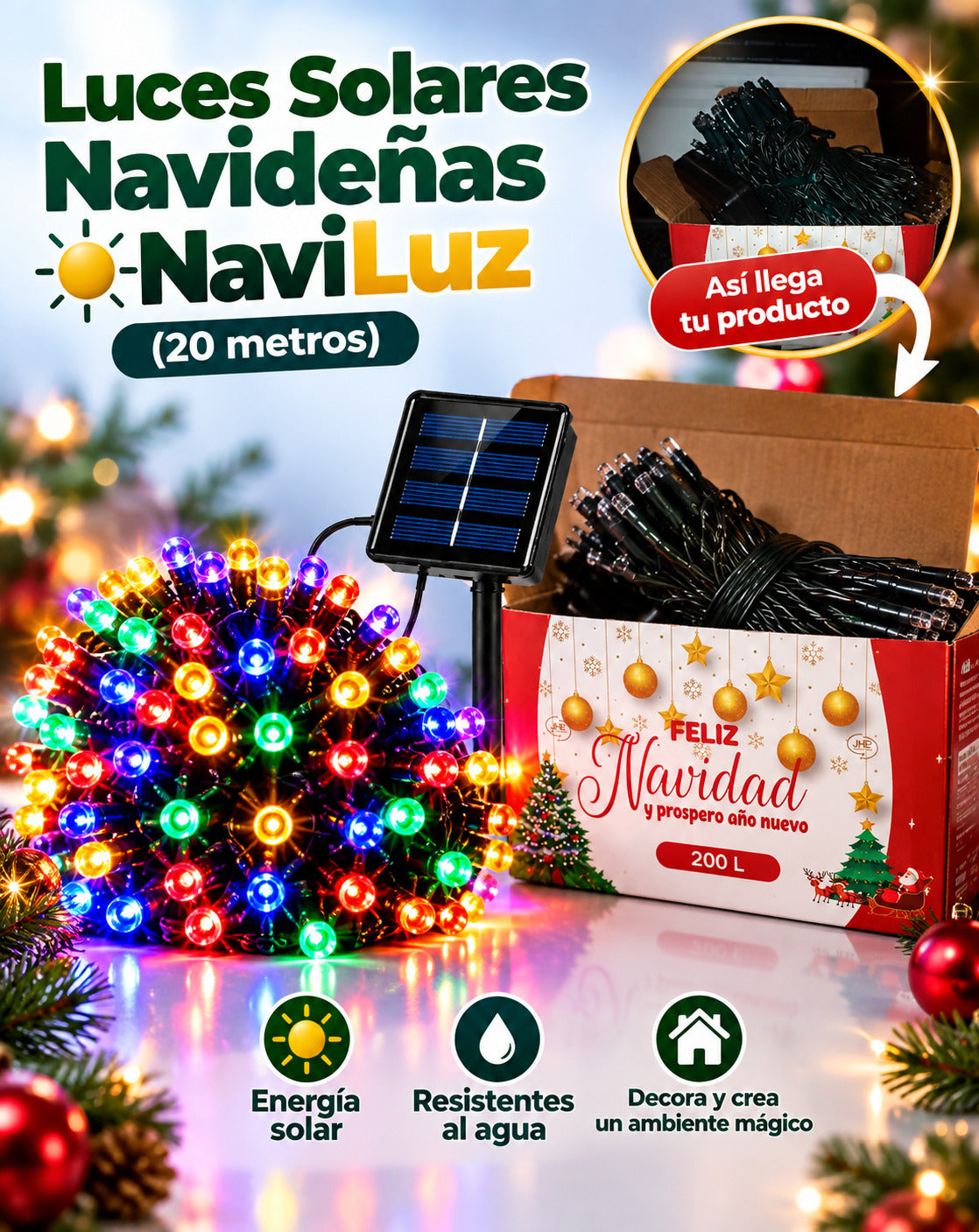 Compra 1 y lleva la 2 con 62% Dscto. + Envío GRATIS — Luces Solares Navideñas