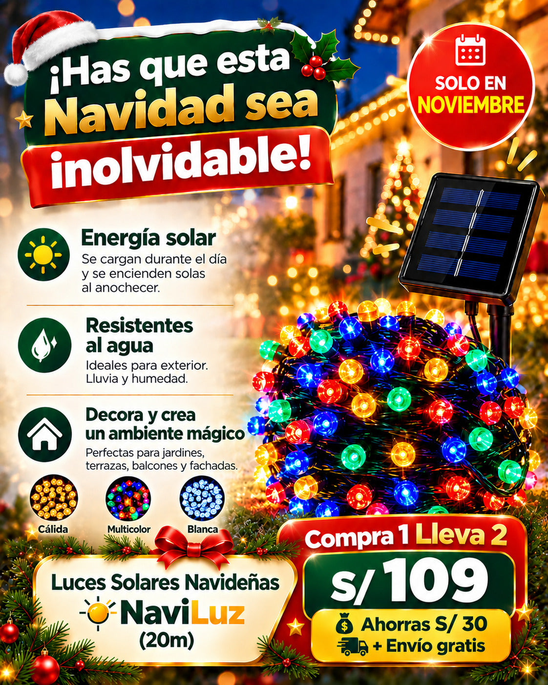 Compra 1 y lleva la 2 con 62% Dscto. + Envío GRATIS — Luces Solares Navideñas