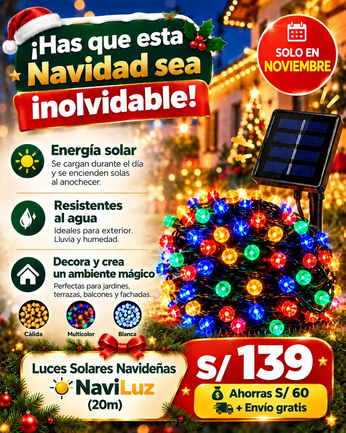 Compra 1 y las siguientes con 62% Dscto. + Envío GRATIS — Luces Solares Navideñas